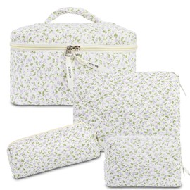 GISMTR 4Pcs Quilted Makeup Bag Set Cute Floral Cosmetic Bag Cotton Coquette Make up Bag Aesthetic Travel Toiletry Bag for Women Girls