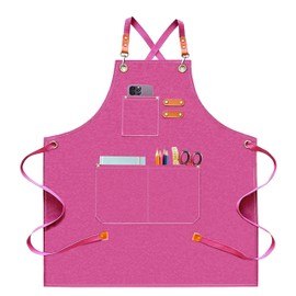 ursapela Canvas Work Apron for Men Women with 3 Pockets Heavy Duty Crossback Kitchen Chef Aprons for Cooking Grilling Barista (Hot Pink)