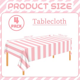 FuenteOrilla 4 Pcs Pink and White Striped Tablecloths Pink Stripe Tablecloths Waterproof Rectangle Striped Tablecloth for Holiday Picnic Birthday Theme Party Decorations, 130x220cm