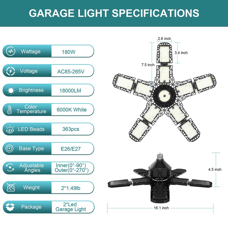 Nexillumi 2-Pack Led Garage Light 180W, 36000LM Garage Lights Ceiling
