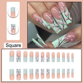 Press on Nails Long Square BAOYAALIN, French Tips Green Fake Nails with 3D Flower Design Gel Glue on Nails for Women Girls Full Cover Acrylic Artificial False Stick on Nail for Wedding 24Pcs