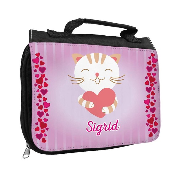 Wash bag with name Sigrid and cat motif with hearts