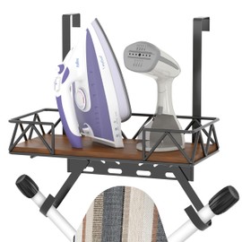 Ironing Board Hanger Wall Mount, Over The Door Ironing Board Holder, Metal Frame Storage Shelf with Adjustable Hooks fit T&V Shaped Space Saving for Laundry Room Decor Organization and Storage