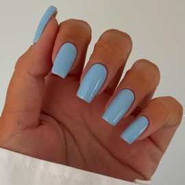 KQueenest Light Blue Press on Nails Long Medium Square, Sky Blue Fake Nails Medium Coffin, Glossy Sheer Color Acrylic Nails Press ons, Reusable Soft Gel Glue on Nails for Women Summer