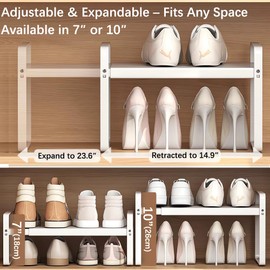 Yagizaai Expandable 1-Tier Metal Shoe Rack (H:7"), Adjustable Width 14.9"-23.6", Heavy-Duty Stackable Free-Standing Shoe Shelf for Closet & Entryway – 2-Pack Set