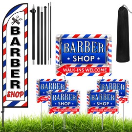 SmoothNovelty 5 Pcs Barber Shop Sign 1 Pcs 7 ft Barber Flag with Pole Kit Double Sided Print Yard Sign with Metal Stakes Feather Windless Barbershop Flags for Outdoor Business Advertising