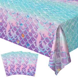 4 Pcs Mermaid Tablecloth Under The Sea Tablecloth Princess Table Cloth Rectangular Ocean Theme Table Covers Mermaid Birthday Decorations Kids Birthday Party Supplies Princess Party Decor 86 x 51 Inch