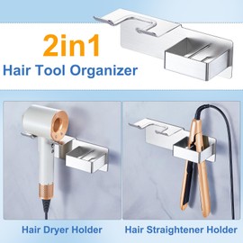 Hair Dryer Holder Wall Mounted, Hair Straightener Holder Stainless Steel, Adhesive Blow Dryer and Hair Straightener Holder, Bathroom Bedroom Hair Tool Organizer for Flat Iron,Curling Iron,Hairdryer