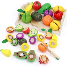 Wooden Play Food Sets for Toddlers Kitchen Accessories Cutting Montessori Toys for 2 Year Old Kids Pretend Play Fake Fruit Vegetable Birthday Gifts for 3 4 Years Girls Boys