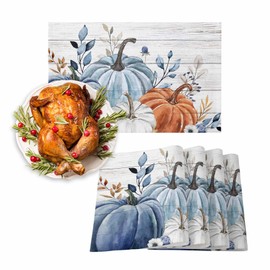 Fall Placemats Blue Pumpkin Place Mats for Dining Room Dinner Table Leaves Floral Wood Grain Washable Table Mats Thanksgiving Kitchen Decorations Set of 4