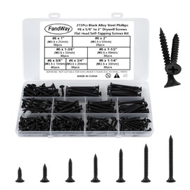 FandWay 215Pcs M3.5 (#6) Drywall Screws,Black Wood Screws,Phillips Flat Head Self Tapping Screw, Countersunk Head Self Tappers Screws Assortment Kit for Drywall Sheetrock,Wood,Furniture & Repairs