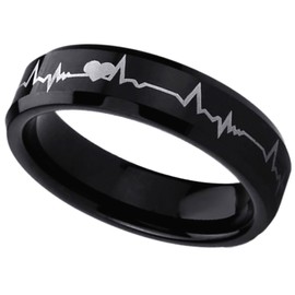DoubleAccent 6mm Titanium Black Wedding Bands Promise Rings Forever Love Heartbeat Comfort Fit Ring