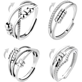Anxiety Fidget Anti-Stress Ring - 4 Pieces Movable Bead Rings Mood Ring Adjustable Soothing Ring Anti-Stress Ring Peace Ring Anxiety Ring Finger Spinner ADHD Ring Gifts for Women Men