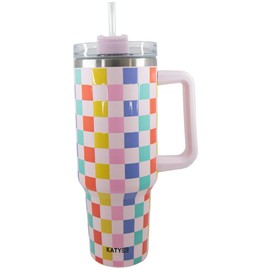 KATYDID 38oz Stainless Steel Tumbler with Handle and Straw - Dishwasher Safe Insulated Tumbler for All-Day Hot or Cold Coffee, Water, Tea, Smoothies and More (Multicolored Checkered)
