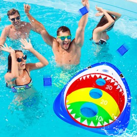 JOINBO Shark Pool Cornhole Board Toys,Summer Inflatable Floating Water Hoop Game Outdoor Swim Play for Kids Adults Family,with 3 Bean Bags