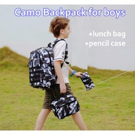 Boys Backpack with Lunch Box, Camo Kids Backpacks for Boys Elementary Middle School Bag Bookbag Outdoor Travel Back Pack (Camo Black Set, Small)