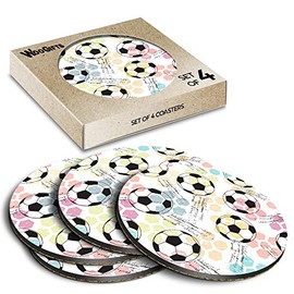 4 x Round Coasters - Pastel Football Theme Team Sports Soccer Cork Backed MDF Glossy Tea Coffee Accessory #170030