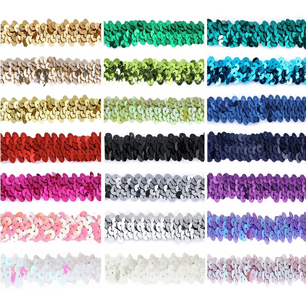 Elasticated Stretch Sequin Trimming 2cm Wide 20 Metallic Colors Washable Trim Craft Ribbon for Costume Dressmaking Cocktail Wear, Decoration Embellishment Stretches [Antique Gold, 2Yds]