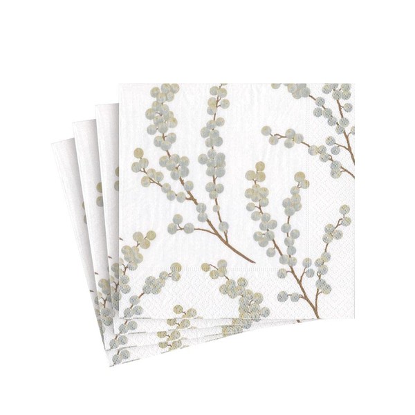 Caspari Berry Branches Paper Cocktail Napkins in White & Silver - Two Packs of 20
