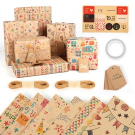 Wrapping Paper, 6 Sheets Brown and Colourful Mixed Pattern Kraft Paper Gift Wrap Set for Men, Women, Girls, Boys for Birthday, Party