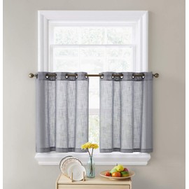 HLC.ME Abbey Faux Linen Textured Semi Sheer Privacy Light Filtering Transparent Grommet Short Thick Cafe Curtain Tiers for Small Windows, Kitchen & Bathroom, Set of 2 (35 W x 24 L, Grey)