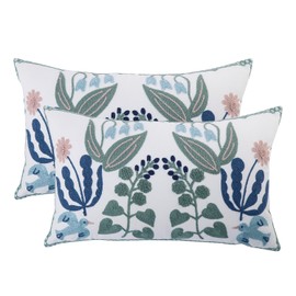 Tosleo Embroidered Decorative Throw Pillow Covers 12x20 inch Pack of 2 Green Leaves with Blue Birds Floral Pillowcases Farmhouse Pillow Cushion Cases Home Decor Square Flower Pillow Case
