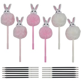 Maydahui 6 PCS Plush Rabbit Pom Pom Pen Fluffy Fur Bunny Rollerball Gel Pen Cute Cartoon Animal Pen Long Ears With12 PCS Pen Refills Black Ink for Easter Office School Party