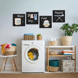 Visual Art Decor Laundry Sign - Wash Dry Fold Decorations, Framed 12x12inchx4Pieces (Black)