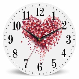 Mxocom Floral Love Heart Wall Clock Beautiful Romantic Red Pink Rose Peony Flower Petal 10 Inch Silent Non Ticking Battery Operated Clock Vintage Round Clock for Living Room Bedroom Bathroom Decor