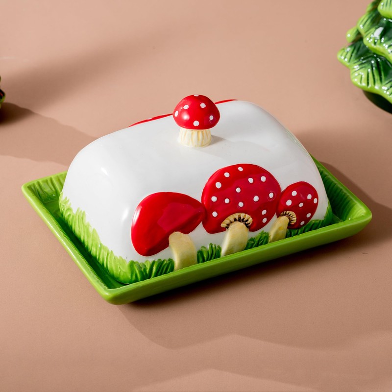 Ceramic Mushroom Butter Dish - Whimsical Red and White Polka