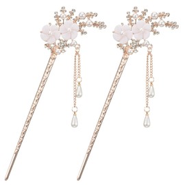 DonLeeving 2 Pcs Rhinestone Pearl Flower Hair Stick Chinese Hair Chopsticks Vintage Tassel Hair Pin Chignon Pin Chopsticks Hair Styling Hair Making Accessories for Women (White)