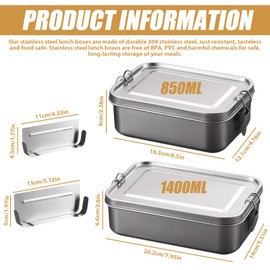 LEKEFETO Set of 2 Stainless Steel Lunch Boxes with Divider | 850 ml + 1400 ml Leak-proof Lunch Box | Dishwasher Safe & Stackable | 304 Food Box for Work and Outdoor Use