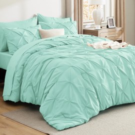 Bedsure King Size Comforter Set Mint Green - Bed in a Bag Bedding Set 7 Pieces, GentleSoft™ Pintuck Bed Set Gift for Family, Pinch Pleat Mint Green Comforter with Sheets, Pillowcases & Shams