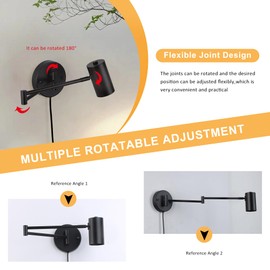 SUNLLOK Modern Black Swing Arm Wall Sconces Plug in - Industrial Adjustable Hanging Wall Light Fixture - Indoor Metal Rustic Reading Wall Lamp Decoration for Living Room, Kids Bedroom, Restaurant