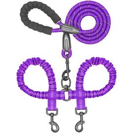 iYoShop Dual Dog Leash - Tangle-Free 360° Swivel & Shock-Absorbing Bungee, Double Leash for Walking Two Dogs (Large, 25-150 lbs, Purple)