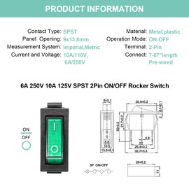 QTEATAK 5Pcs AC 250V/15A, 125V/20A Green Light Illuminated LED On/Off SPST 3 Pin 2 Position Mini Boat Rocker Toggle Switch Snap for Car Boat