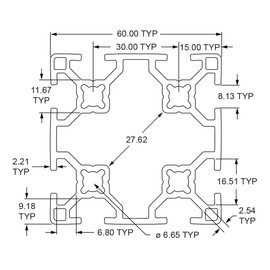8020, 30-6060, 30 Series 60mm x 60mm 60x60 Aluminum T-Slotted Extrusion T Slot Extruded 80/20 Profile Bar Metric (Clear Anodize, 455mm Long)