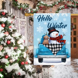 Louise Maelys Hello Winter Garden Flag 28x40 Double Sided, Burlap large Winter Truck Garden Yard House Flags with Snowman Dog for Seasonal Outside Outdoor House Decor (ONLY FLAG)