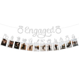 KatchOn, Silver Glitter Engaged Photo Banner - 2 String, 10 Feet, No DIY | Congrats On Engagement Banner for Bachelorette Party Decorations, Wedding Décor | Silver Engagement Party Decorations