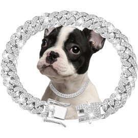 Diamond Cuban Link Dog Collar 13mm Wide Dog Necklace Metal Cat Chain Pet Crystal Collar Jewelry Accessories for Small Medium Large Dogs Cats Silver Chain Collar (16inch)
