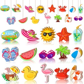 30 Pcs Summer Wood Hanging Ornaments Beach Wooden Slices Coconut Pendant Tags Hanging Decoration with String Summer Tree Ornament for Luau Party Supplies Hawaiian Party Decorations, 15 Styles