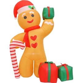 National Tree Company First Traditions Inflatable Festive Gingerbread Man with Hat, Candy Cane, Gifts, Christmas Lawn Decoration, Includes Ground Stakes and Tethers, LED Lights, Plug in, 96in