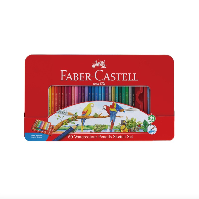Shachihata TFC-WCP/60C Faber Castell Watercolor Colored Pencils, Flat Tin, 60