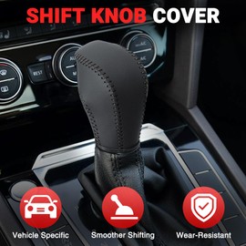 Leather Gear Shift Knob Cover Compatible with Volkswagen Atlas丨 Beetle丨 Golf丨 Passat丨 Jetta 丨 Tiguan 2011-2021 Black Leather with Black Stitches Shifter Knob Cover - Black
