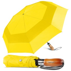 Lejorain Large Folding Umbrella Windproof - Auto Open Close Folding Umbrellas Windproof Heavy Sturdy with Wooden Handle for Women Men