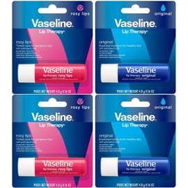 Vaseline- Paquete variado de 4 bálsamos labiales hidratantes Lip Therapy Original + Rosy Lips con vitamina E, 0,16 oz cada uno