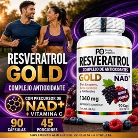 Resveratrol Gold con NAD, Polifenoles de Té Verde, Vitamina C, Licopeno y Betacaroteno, Complejo Antioxidante Vegano para Adultos, 90 Cápsulas