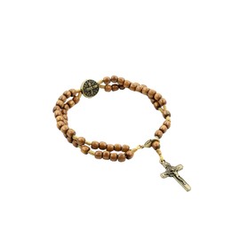 Catholica Shop Devotional Corded Prayer Beads Rosary Bracelet with San Benito St Benedict Medal and Crucifix. Made in Brazil, Large, Wood, no gemstone