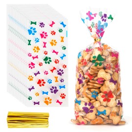 200 PCS Pet Paw Print Cellophane Bags, Rainbow Paw Print Cellophane Treat Bags, Rainbow Dog Treat Bag, Plastic Candy Cookie Gift Bag with Gold Twist Ties for Dogs Birthday Party Favors Decorations