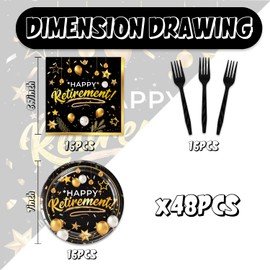 48Pcs Happy Retirement Party Decorations Include Plates Napkins Forks Black and Gold Party Decorations Serve 16 Guests